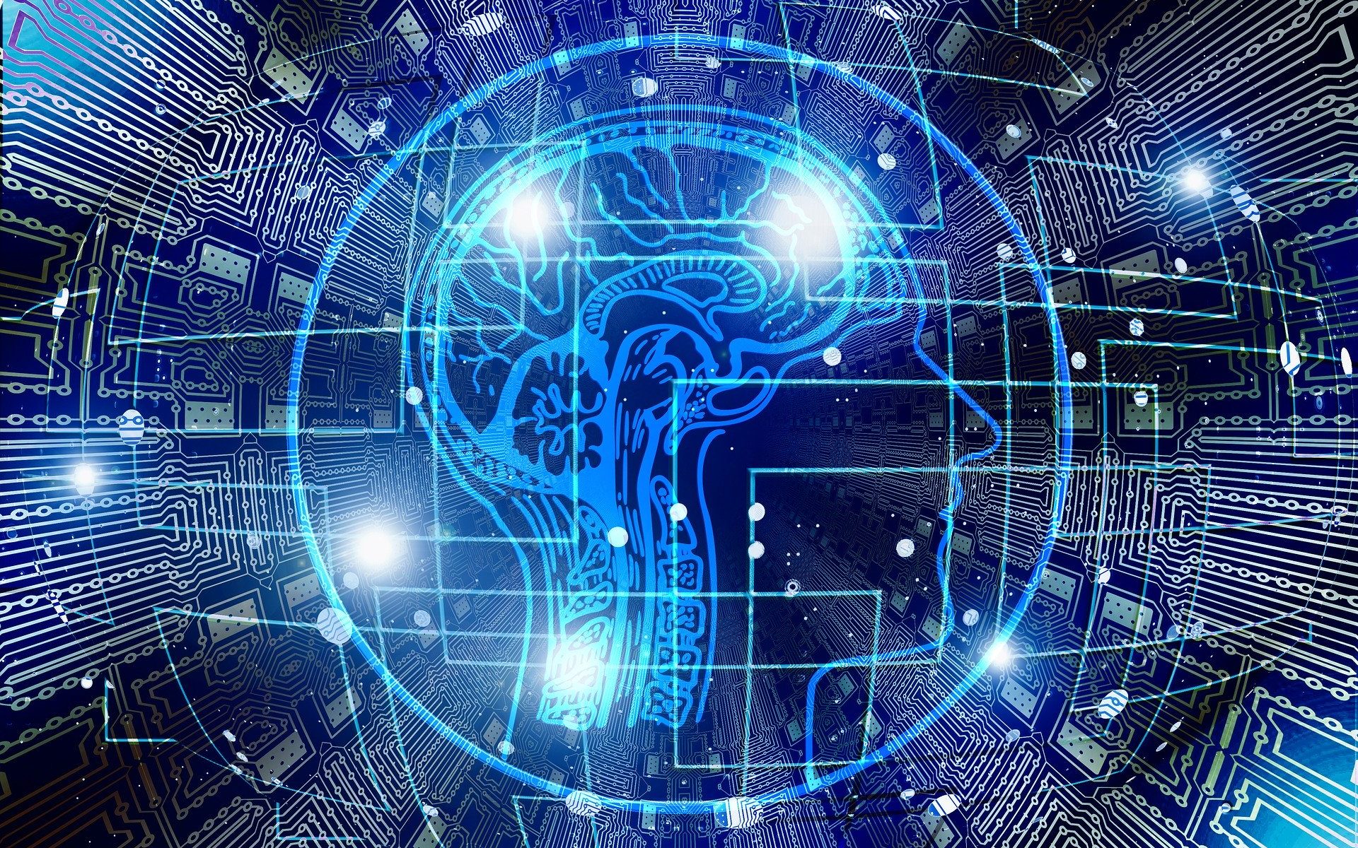 Mesterséges intelligencia témájú grafika: emberi agy, körülötte áramkörre emlékeztető elemekkel.