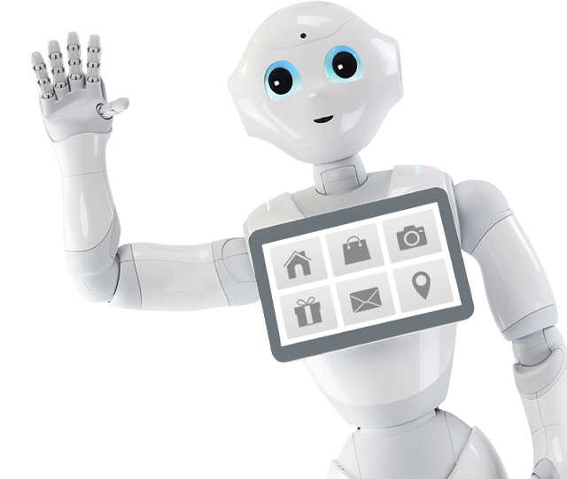 Pepper, a mesterséges intelligencia segítségével működő robot integet.